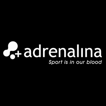 Logo Adrenalina, sports brand emphasizing active lifestyle with tagline 'Sport is in our blood'.