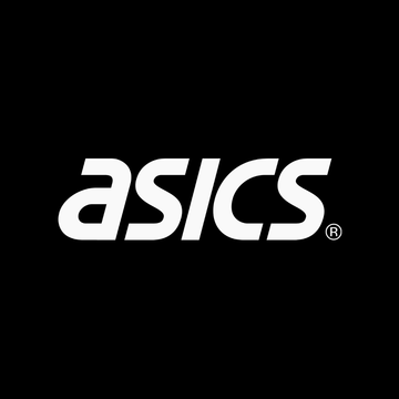 ASICS logo on a black background, representing the ASICS brand for sportswear and protection.