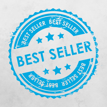 Najbolje prodajano - pečat s plavim napisom BEST SELLER in zvezdami okoli.