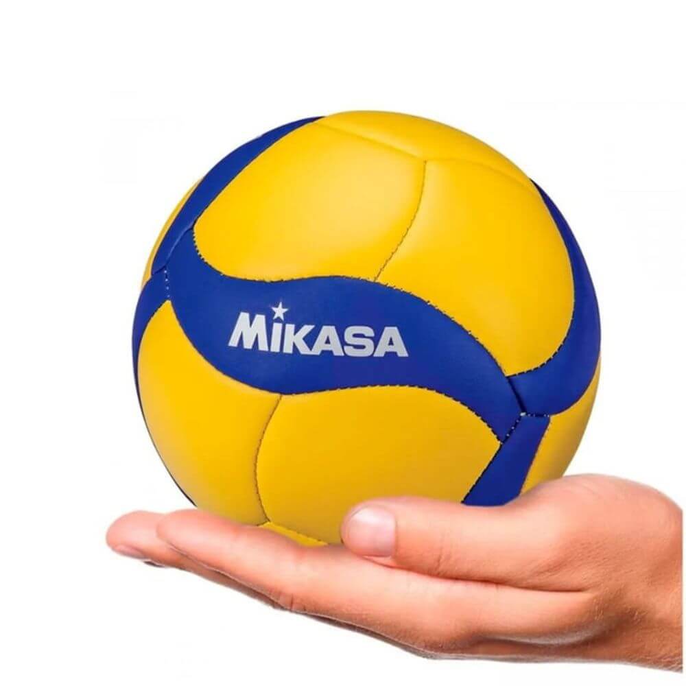V1.5W Mikasa mini odbojkaška žoga v rumeni in modri barvi z izjemno pozornostjo do detajlov.