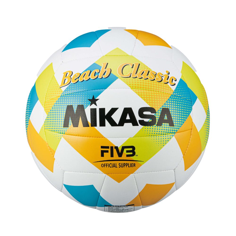 Mikasa Beach BV543C-VXA-LG odbojka na mivki z živahnimi barvami in FIVB oznako dobavitelja.